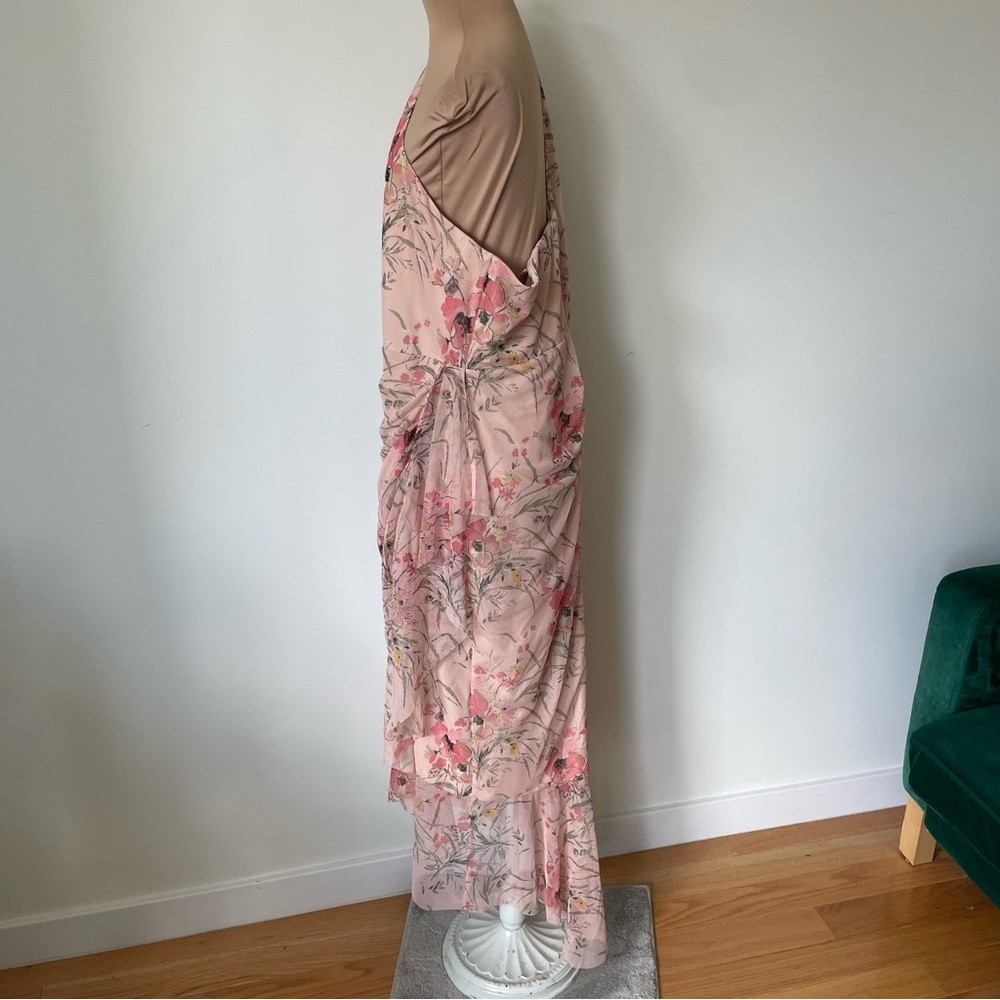 BCBGMAXAZRIA 1 Shoulder Asymmetric Ruffle Pink Floral Midi Evening Dress NWT XL - Picture 5 of 11
